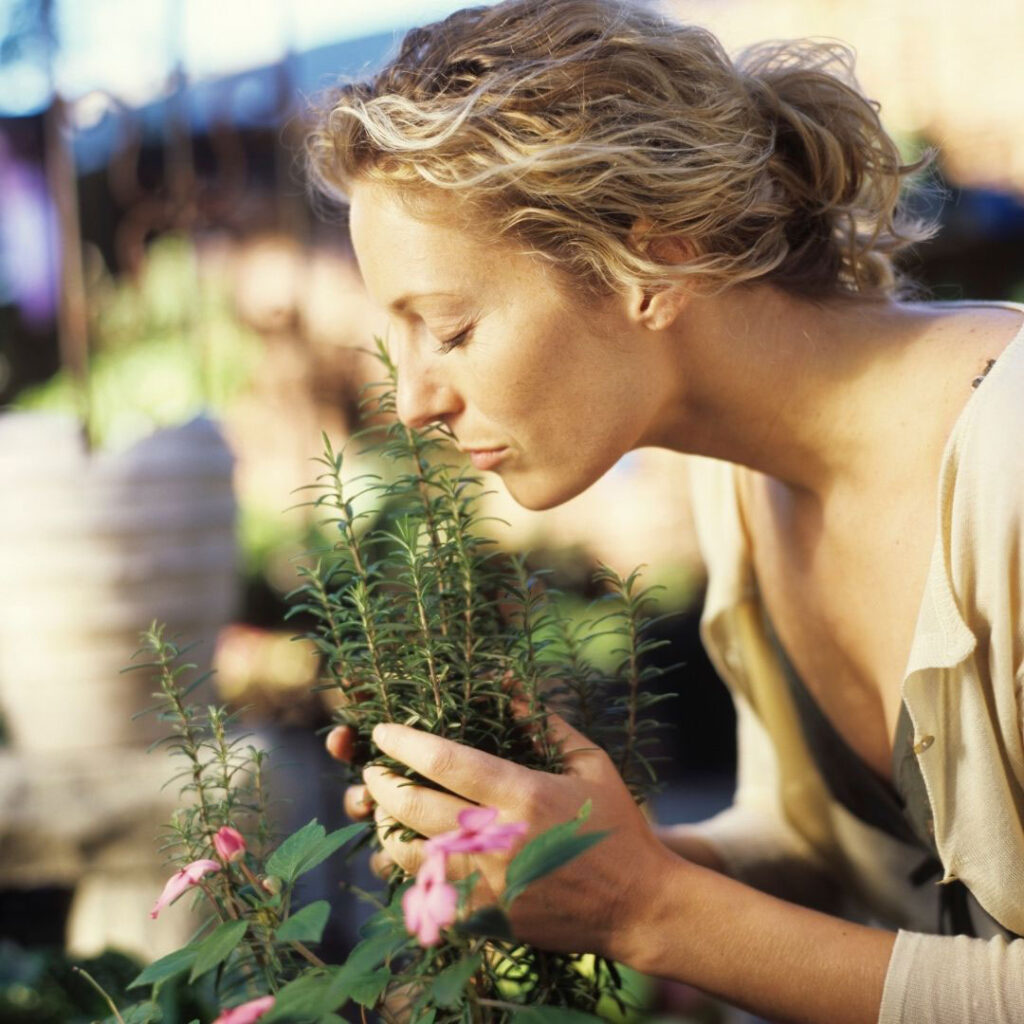 Woman inhaling the scent of rosemary