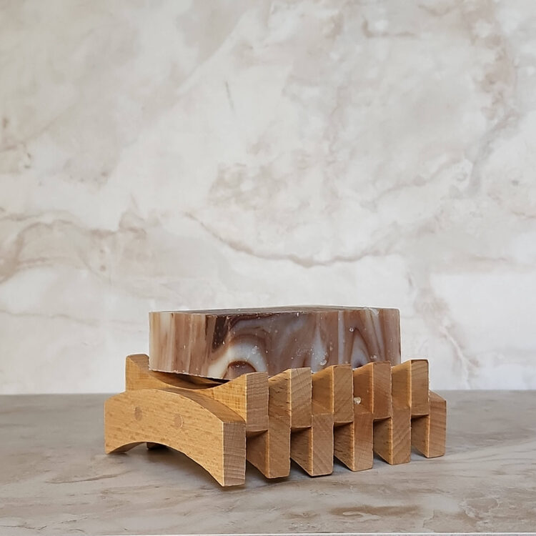 Bar of Soap on Wood Soap Dish