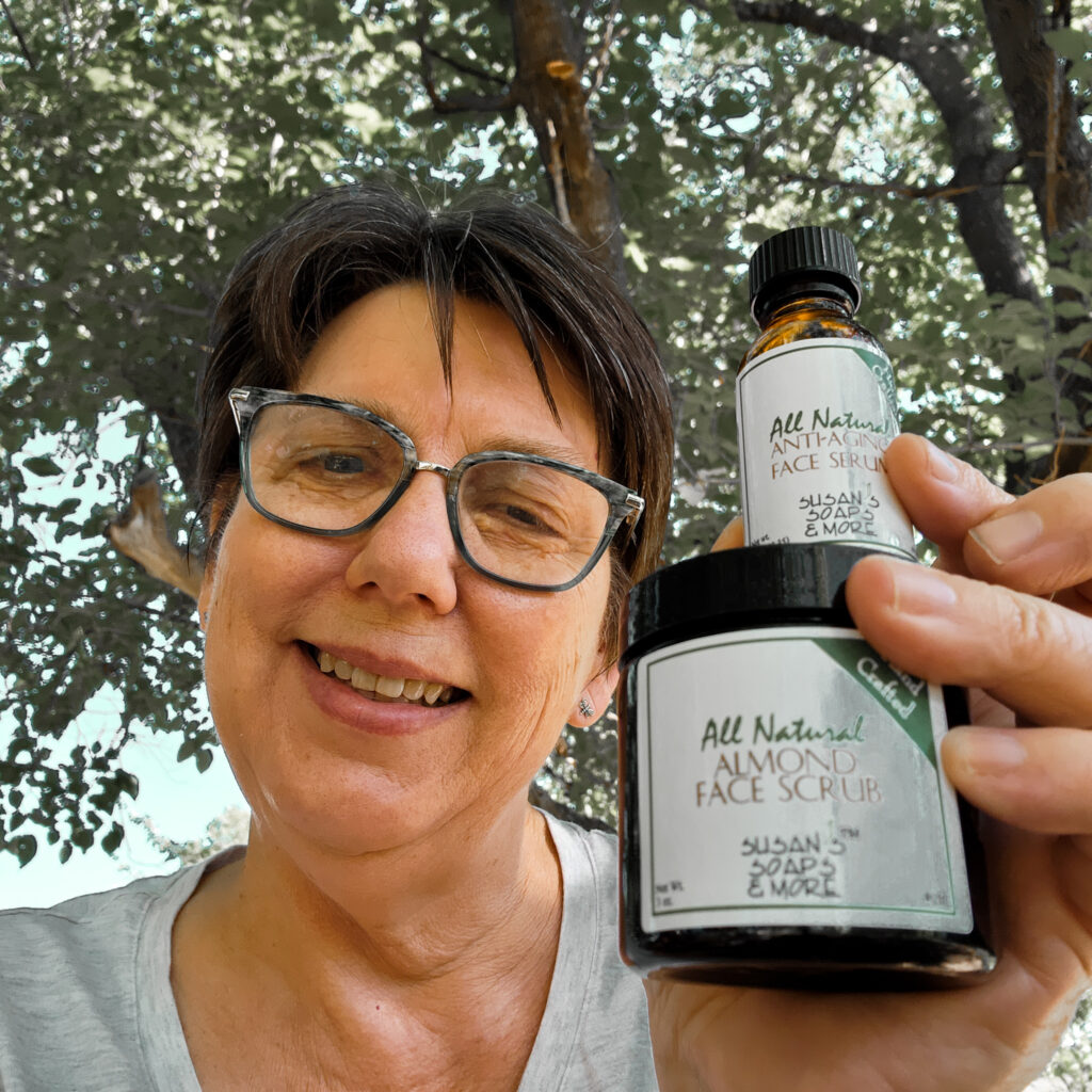 Susan with face scrub and face serum