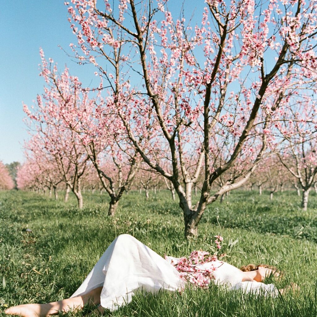 Woman and fruit trees blooming in Spring