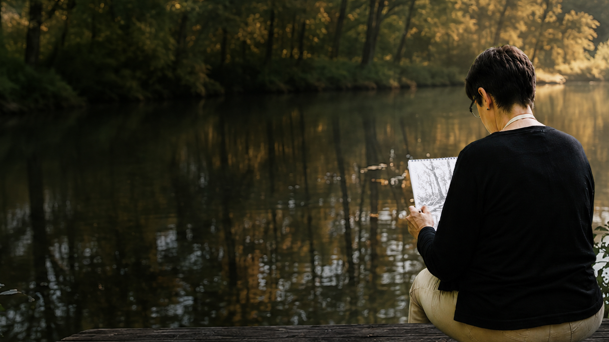Susan sketching beside a lake in a Texas state park
