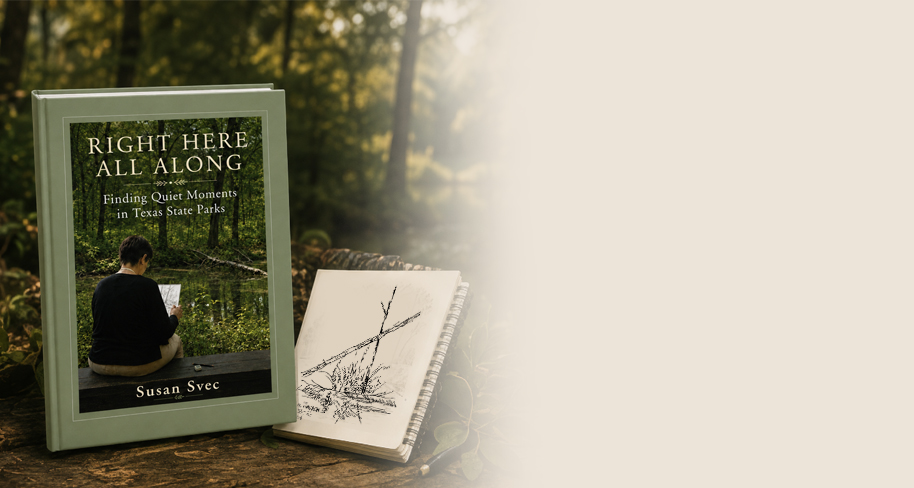 The book Right Here All Along standing beside an open sketchbook on a log in a Texas state park