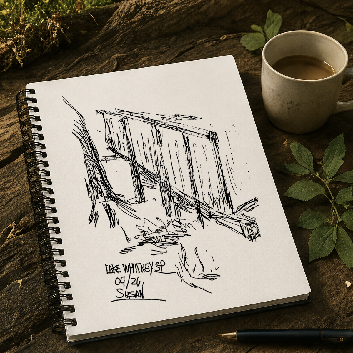 An open sketchbook on a rock showing a pen sketch made at Lake Whitney State Park, beside a mug of coffee